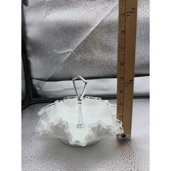 Vintage Fenton Milk Glass Silver Handle Ruffled Edge Candy Dish - Picture 6 of 6